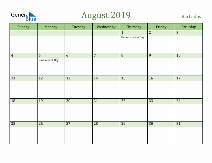 August 2019 Calendar with Barbados Holidays