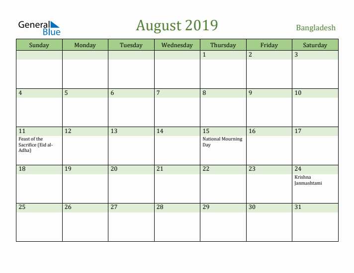 August 2019 Calendar with Bangladesh Holidays