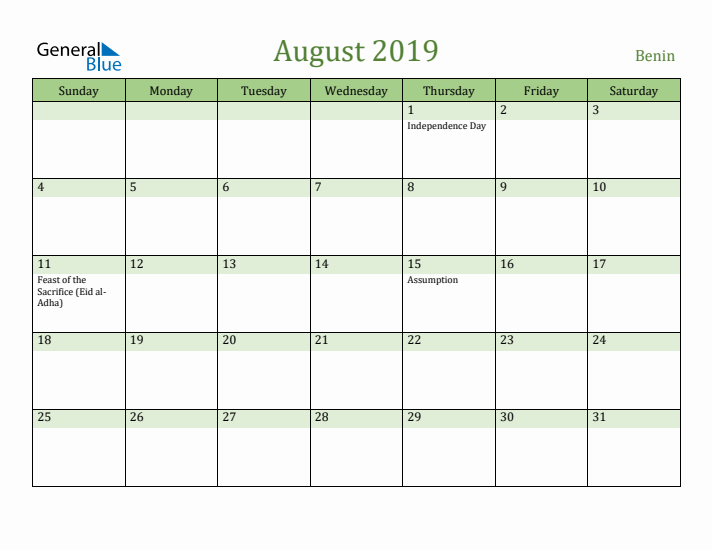 August 2019 Calendar with Benin Holidays