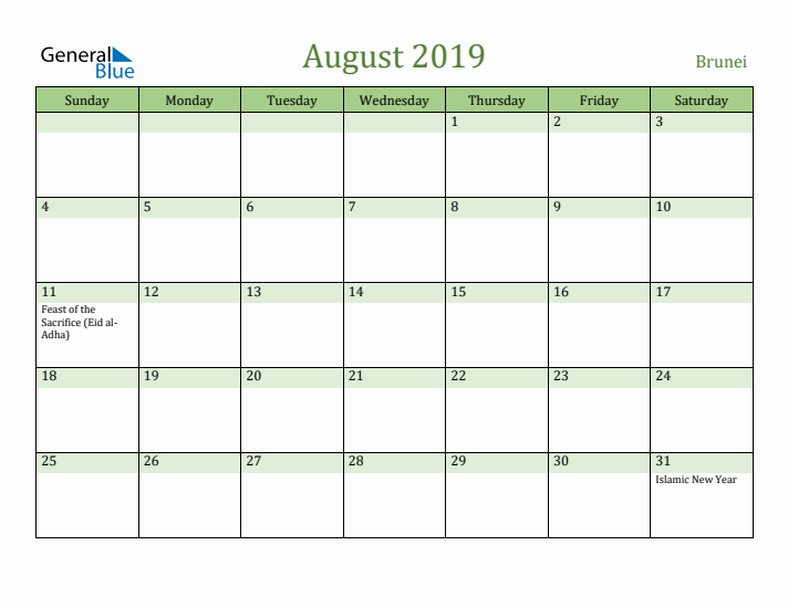 August 2019 Calendar with Brunei Holidays