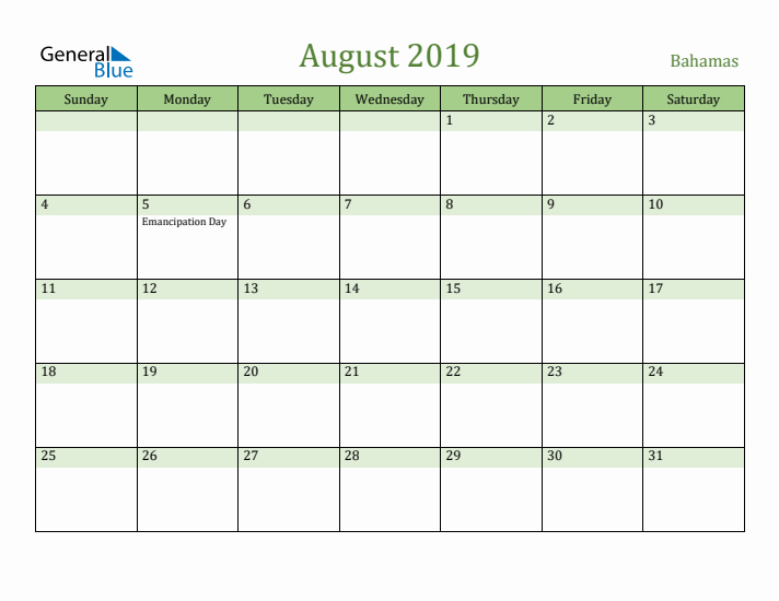 August 2019 Calendar with Bahamas Holidays