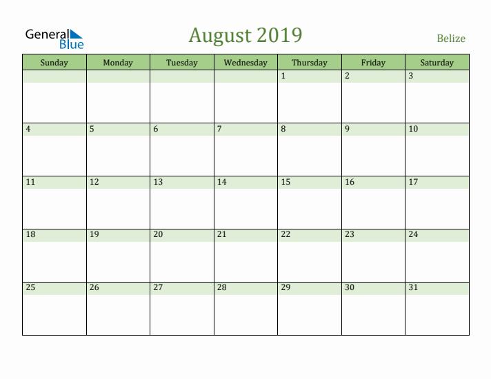 August 2019 Calendar with Belize Holidays