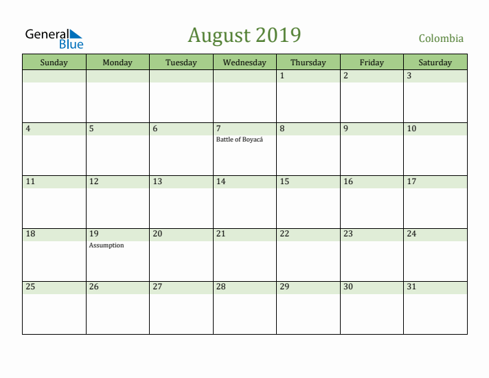 August 2019 Calendar with Colombia Holidays