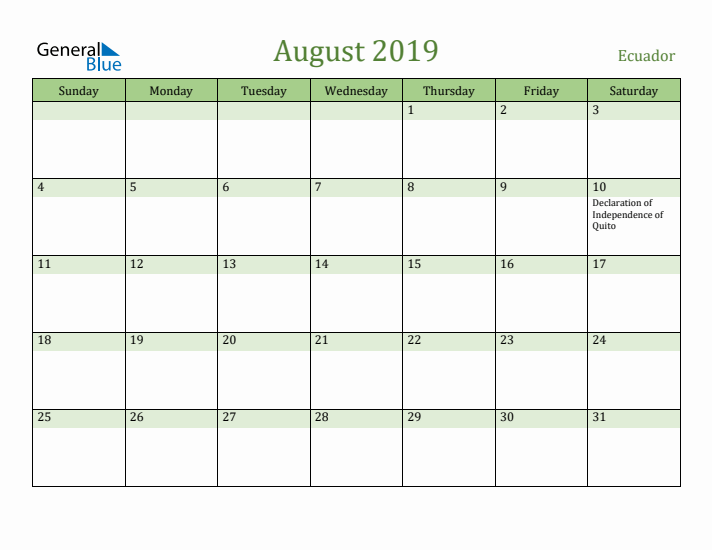 August 2019 Calendar with Ecuador Holidays