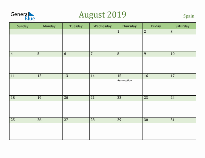 August 2019 Calendar with Spain Holidays