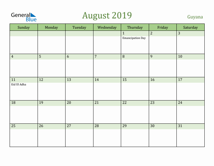 August 2019 Calendar with Guyana Holidays