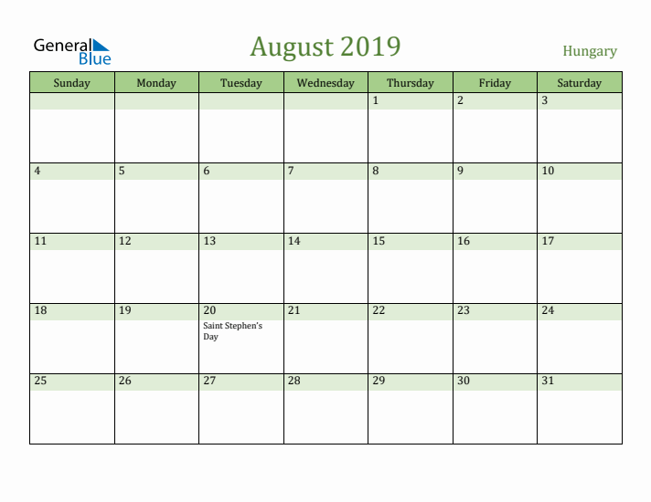 August 2019 Calendar with Hungary Holidays