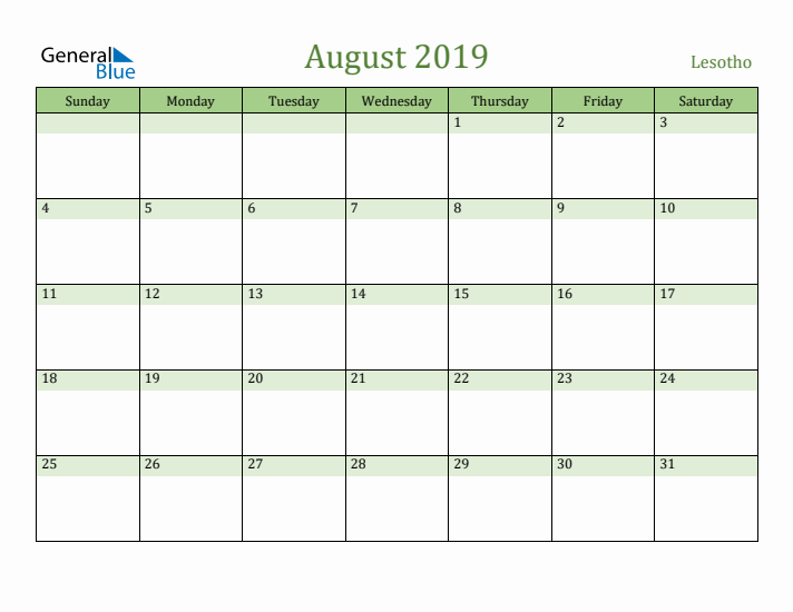 August 2019 Calendar with Lesotho Holidays