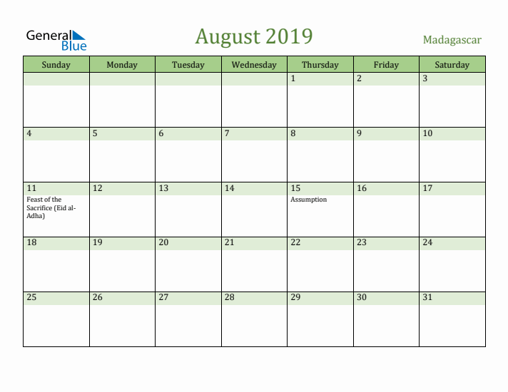 August 2019 Calendar with Madagascar Holidays