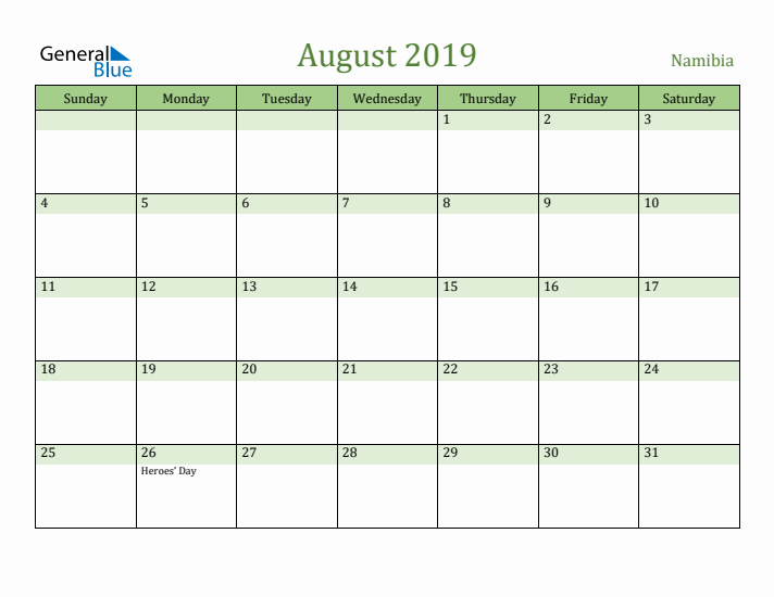 August 2019 Calendar with Namibia Holidays