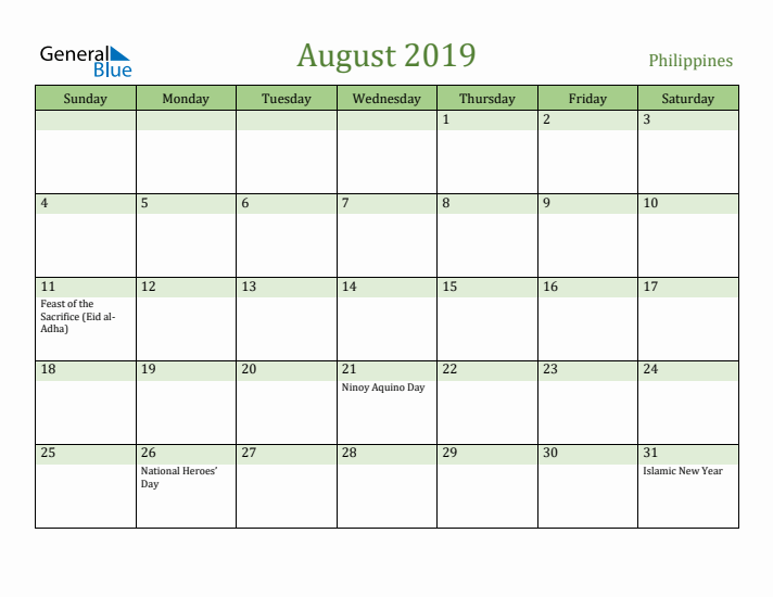 August 2019 Calendar with Philippines Holidays