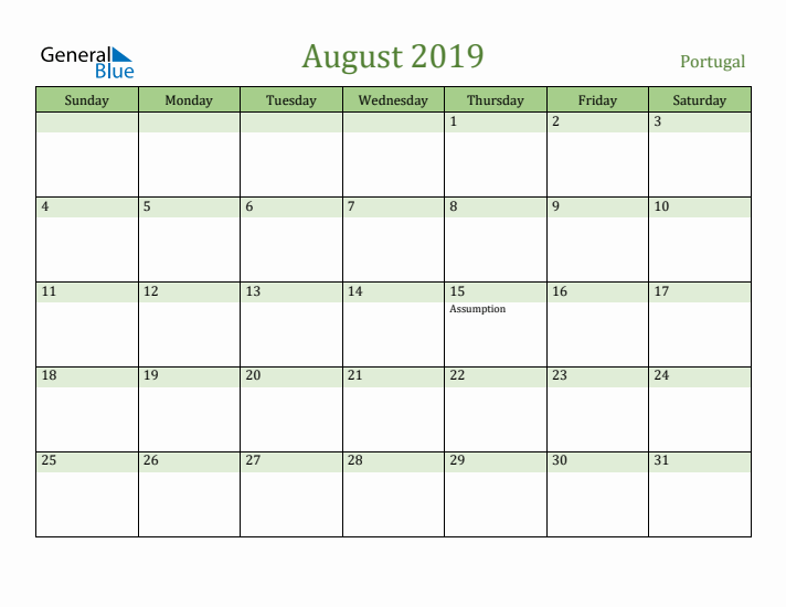 August 2019 Calendar with Portugal Holidays