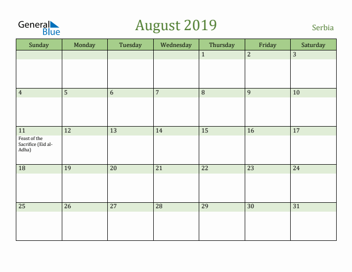 August 2019 Calendar with Serbia Holidays