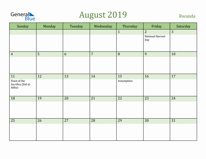 August 2019 Calendar with Rwanda Holidays