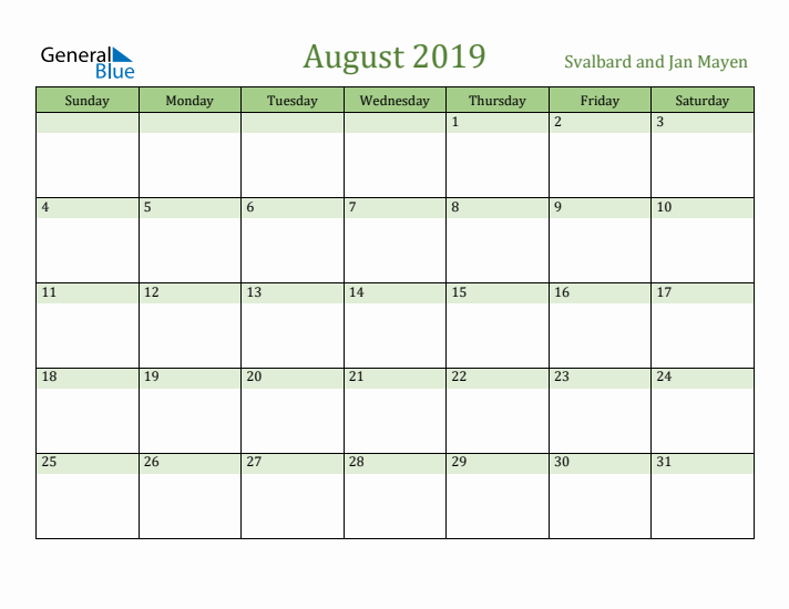 August 2019 Calendar with Svalbard and Jan Mayen Holidays