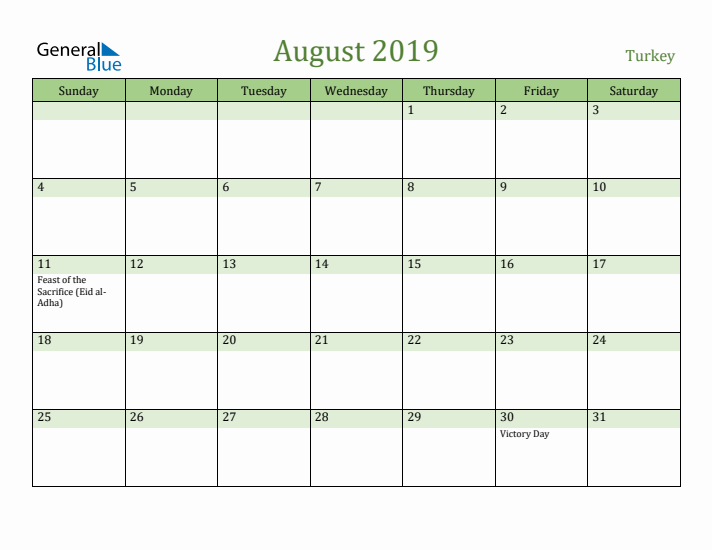 August 2019 Calendar with Turkey Holidays