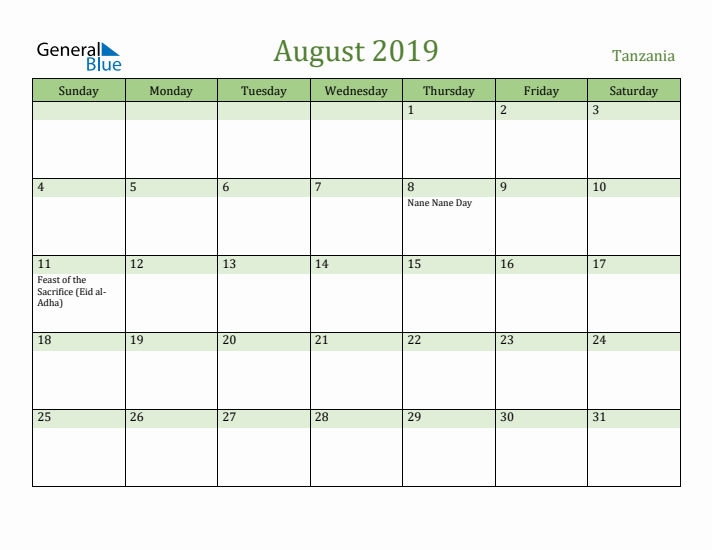 August 2019 Calendar with Tanzania Holidays