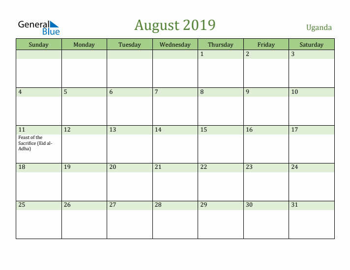 August 2019 Calendar with Uganda Holidays