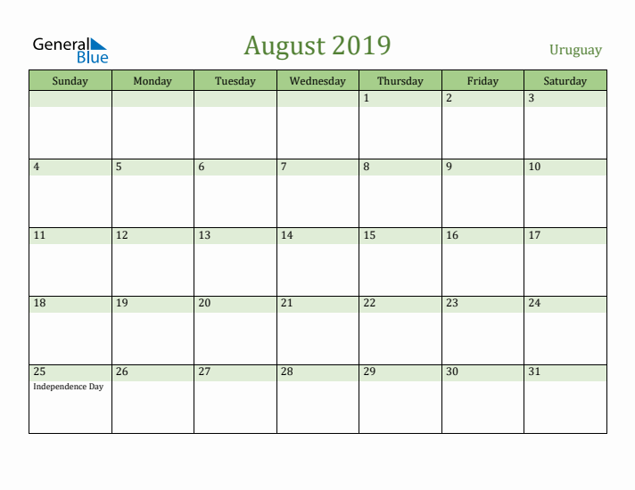 August 2019 Calendar with Uruguay Holidays