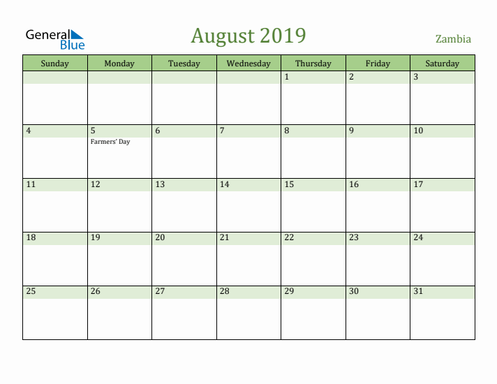 August 2019 Calendar with Zambia Holidays