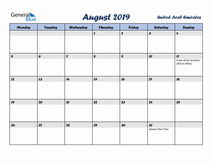 August 2019 Calendar with Holidays in United Arab Emirates