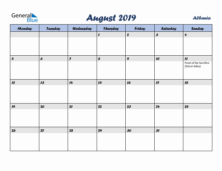 August 2019 Calendar with Holidays in Albania