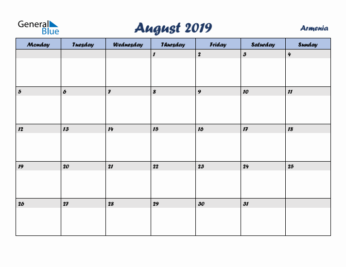 August 2019 Calendar with Holidays in Armenia