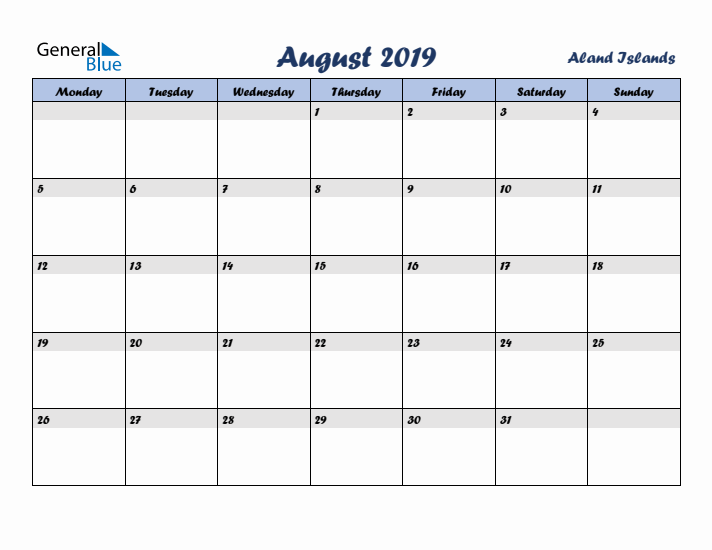 August 2019 Calendar with Holidays in Aland Islands