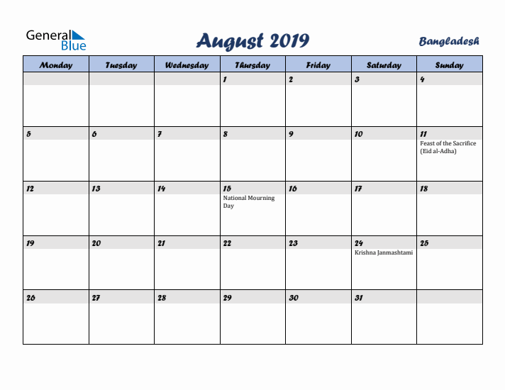 August 2019 Calendar with Holidays in Bangladesh