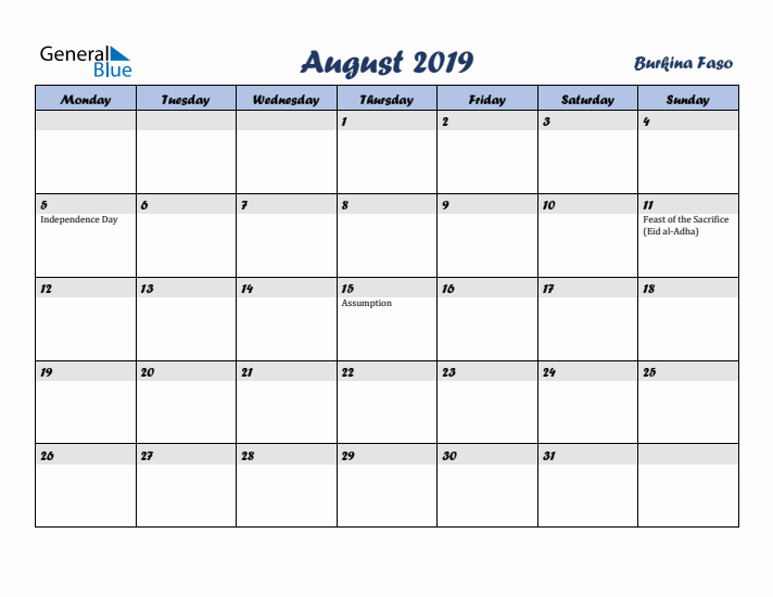 August 2019 Calendar with Holidays in Burkina Faso