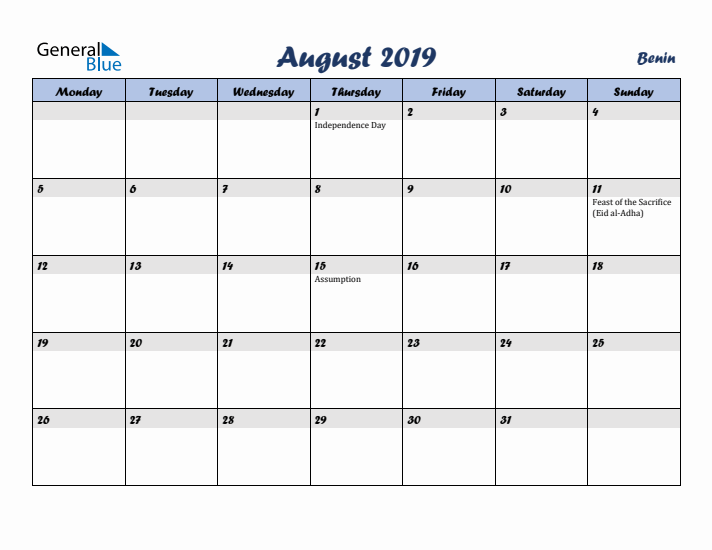 August 2019 Calendar with Holidays in Benin