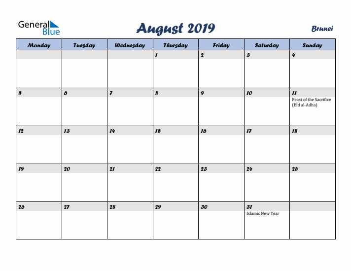 August 2019 Calendar with Holidays in Brunei