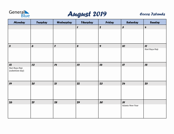 August 2019 Calendar with Holidays in Cocos Islands