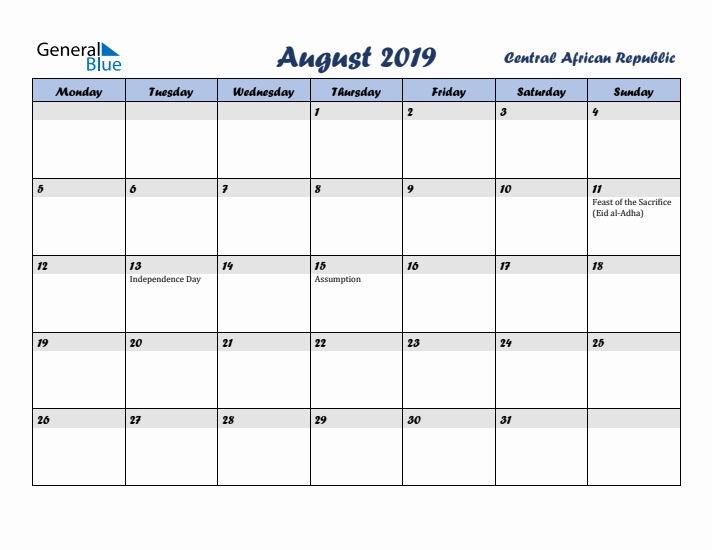 August 2019 Calendar with Holidays in Central African Republic