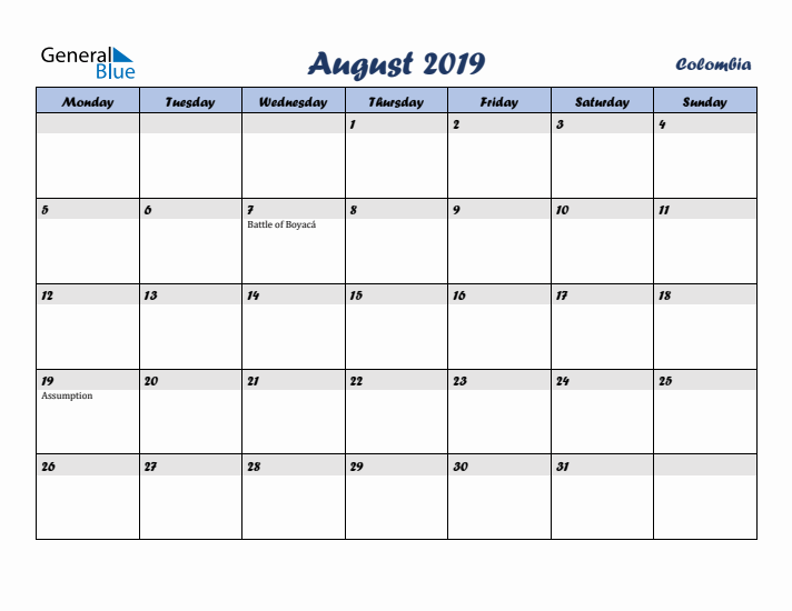 August 2019 Calendar with Holidays in Colombia