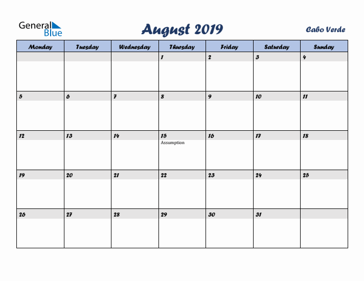 August 2019 Calendar with Holidays in Cabo Verde