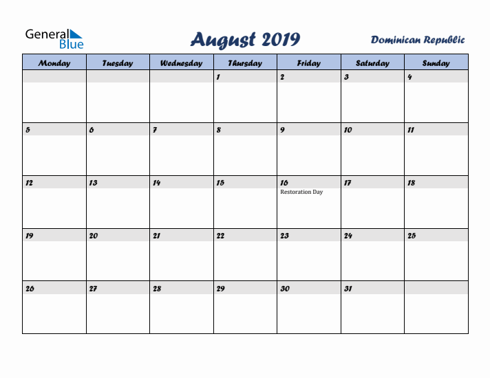 August 2019 Calendar with Holidays in Dominican Republic