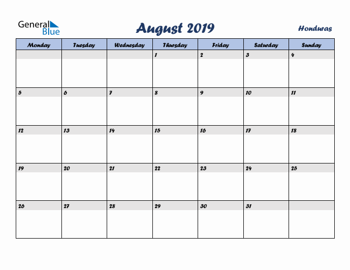 August 2019 Calendar with Holidays in Honduras