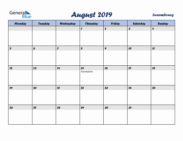 August 2019 Calendar with Holidays in Luxembourg