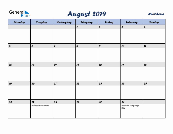 August 2019 Calendar with Holidays in Moldova