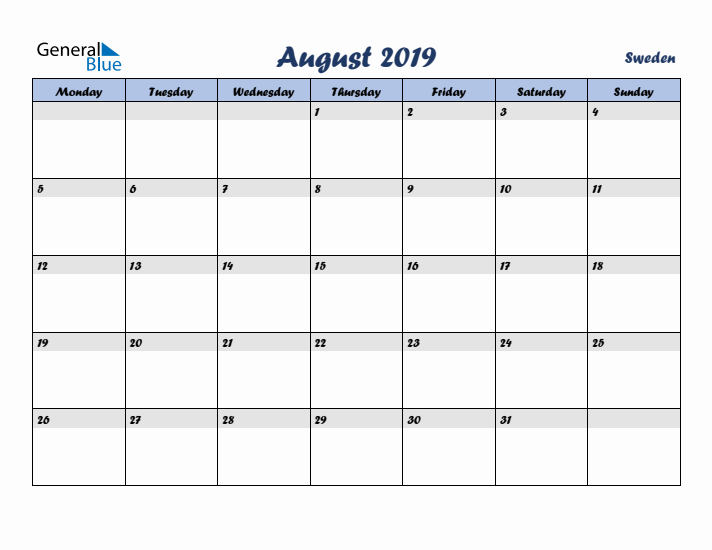 August 2019 Calendar with Holidays in Sweden