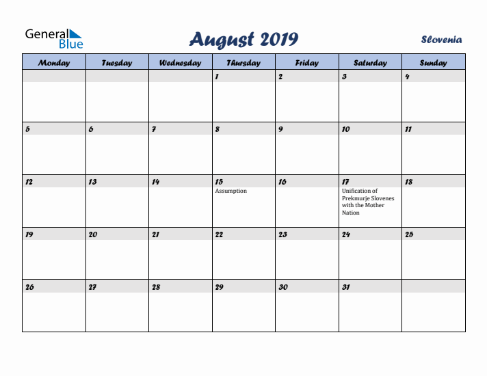 August 2019 Calendar with Holidays in Slovenia