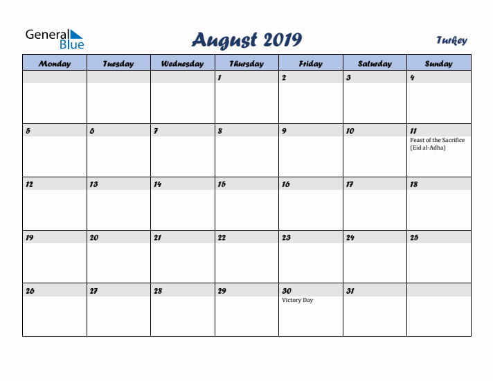 August 2019 Calendar with Holidays in Turkey