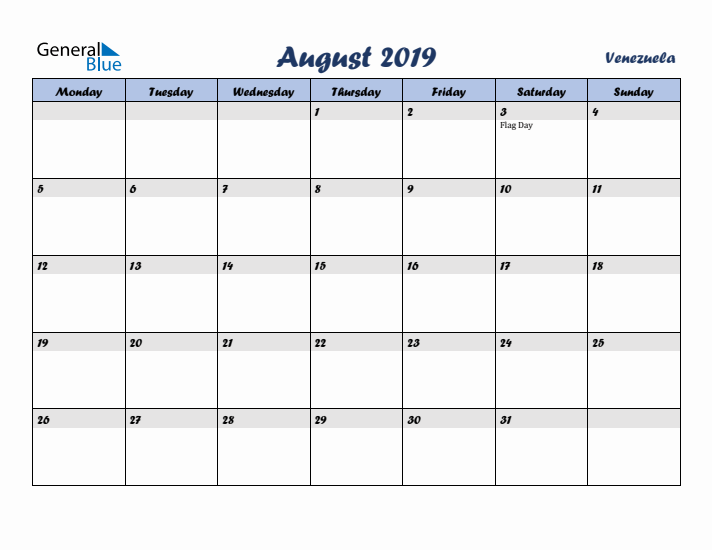 August 2019 Calendar with Holidays in Venezuela