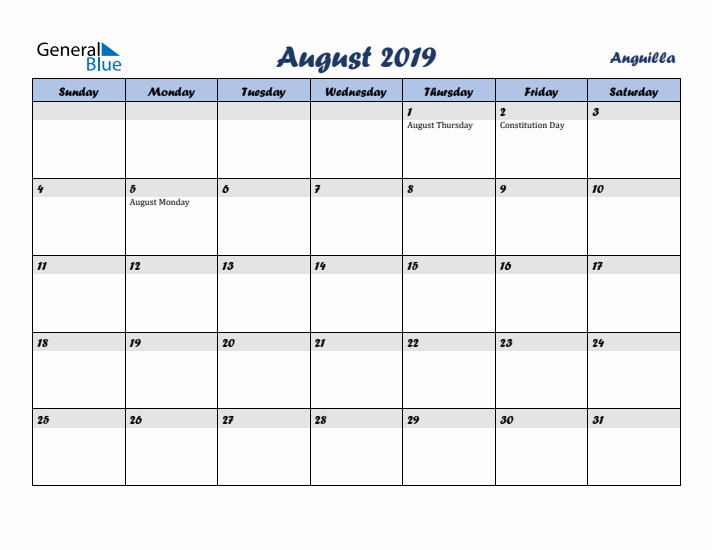 August 2019 Calendar with Holidays in Anguilla