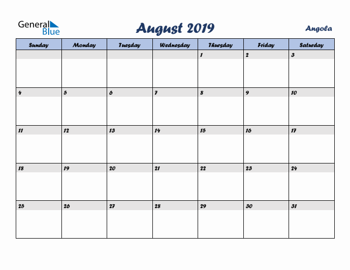 August 2019 Calendar with Holidays in Angola