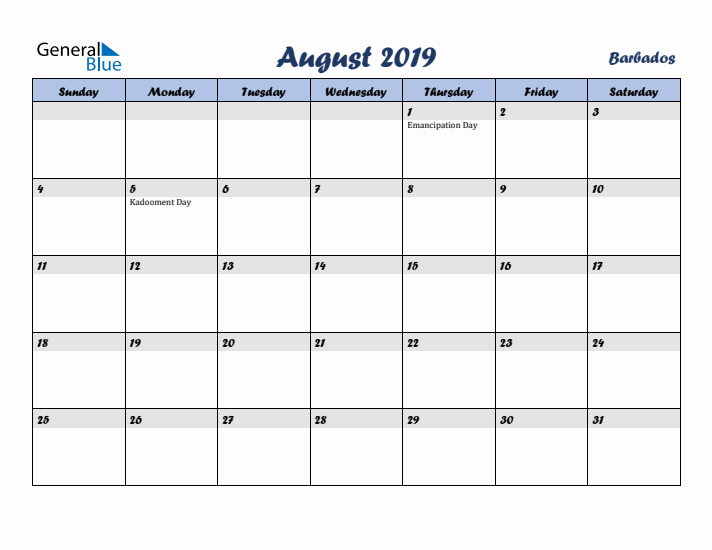 August 2019 Calendar with Holidays in Barbados