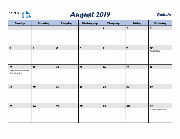 August 2019 Calendar with Holidays in Bahrain