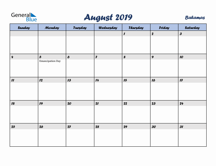 August 2019 Calendar with Holidays in Bahamas