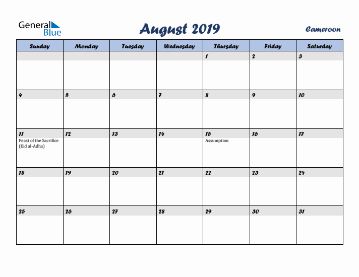 August 2019 Calendar with Holidays in Cameroon